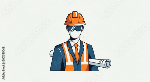 Construction Blueprint: An illustration of a professional, donning a safety vest and hard hat, clutches blueprints, symbolizing expertise and precision in the construction industry.