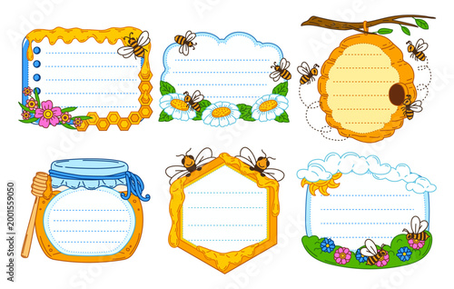 Honey and bee characters kids memo note with honey frames. Beekeeping apiary vector memo note, agriculture sticker. Farm honey kids diary label with bees flying around hive, jar, flowers and clouds