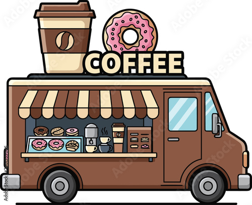 Cartoon coffee truck with striped awning, coffee cups, donuts, and cheerful mobile café street vendor design
