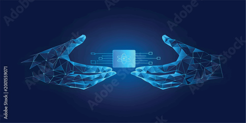 Two Digital Hands Holding AI chip with nuclear atom icon with circuit. Blue Low Poly Wireframe Illustration on Dark Blue Background. Science and Technology Innovation Concept.