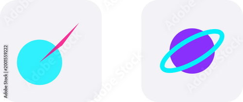 Minimalist flat design icons representing stylized planets and celestial bodies in a modern digital illustration