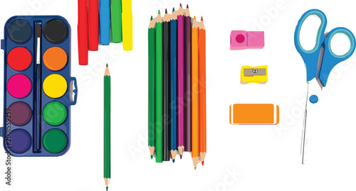 School supplies set with watercolor paints, colored pencils, scissors, and stationery illustrating art materials, education tools, and creative vector illustration