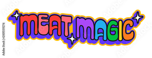 Barbeque meat, grill menu retro Y2K sticker or tag. Steak grill Y2K vector tag, restaurant BBQ menu beefsteak meal vintage label. Beef barbeque sticker with meat magic vibrant colors typography