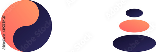 Minimalist graphic illustration featuring a coral and navy yin yang symbol beside balanced zen pebbles.