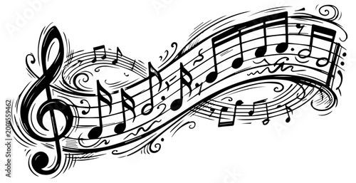 Black and white musical notes on a staff with a treble clef