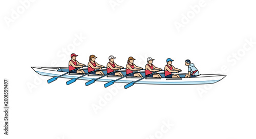 A professional team of six rowers and one coxswain are positioned in a long white racing boat with blue oars against a pristine white minimalist background.