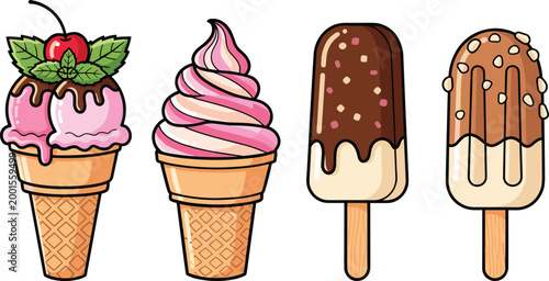 Cartoon ice cream treats including cones and bars with sprinkles, syrup, and cheerful summer dessert illustration