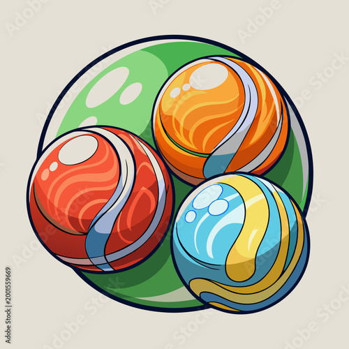A vibrant collection of three colorful marbles with unique swirling patterns and glossy finish