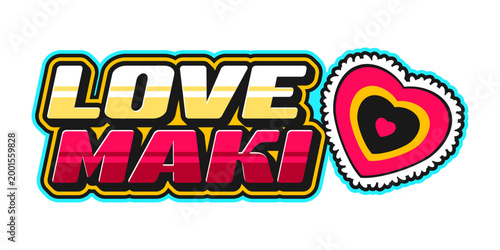 Japan cuisine maki sushi love retro Y2K sticker or tag. Sushi dish Y2K sticker, Asian menu meal vintage vector label. Japan seafood delicacy patch with metal glossy typography and sushi heart