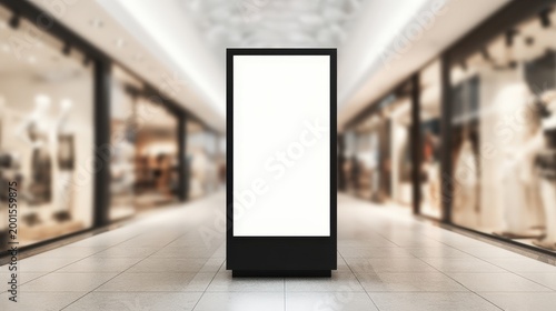 A blank vertical digital display stands in the middle of a brightly lit shopping mall corridor with blurred storefronts in the background.