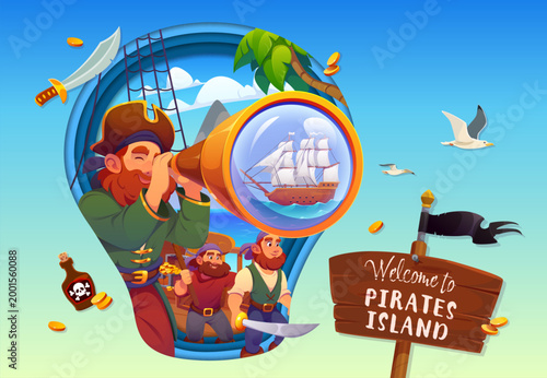 Cartoon papercut pirates characters poster for kids party or birthday celebration. 3d vector party banner with sea captain using a telescope to spot a sailing ship near a tropical island with crew