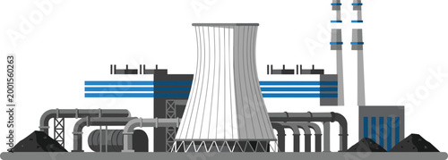 Power plant with cooling tower and industrial infrastructure illustrating energy production, electricity generation, and heavy industry vector illustration