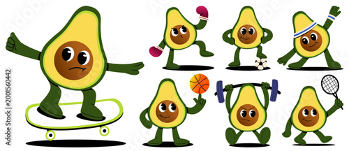 Cute avocado mascot character set performing various sports activities including basketball, soccer, tennis, boxing, skateboarding, and weightlifting. representing healthy lifestyle, fitness, exercise