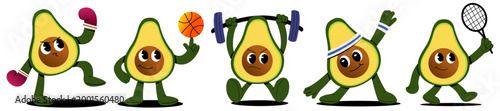 Cute avocado mascot character set performing various sports activities including basketball, soccer, tennis, boxing, skateboarding, and weightlifting. representing healthy lifestyle, fitness, exercise