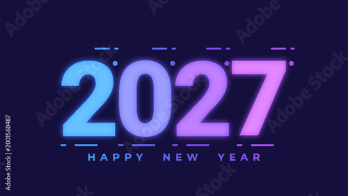 Futuristic glowing number design for New Year 2027. The illustration features bold, luminous digits with a neon effect on a dark background, creating a modern and festive celebration vibe