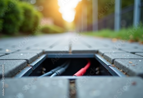Open utility access point in paved walkway revealing electrical cables, with blurred greenery and sunlight in the background creating a serene outdoor setting