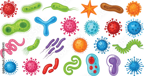 Colorful microorganisms set with bacteria, viruses, and cells illustrating microbiology, infection concepts, healthcare education, and scientific vector illustration collection