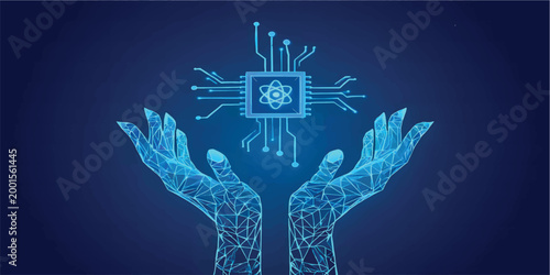 Two Digital Hands Holding AI chip with nuclear atom icon with circuit. Blue Low Poly Wireframe Illustration on Dark Blue Background. Science and Technology Innovation Concept.