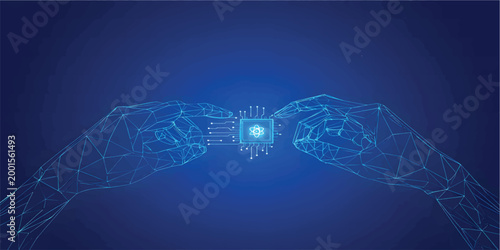Two Digital Hands Holding AI chip with nuclear atom icon with circuit. Blue Low Poly Wireframe Illustration on Dark Blue Background. Science and Technology Innovation Concept.