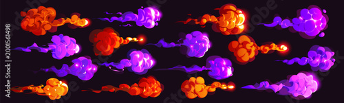 Cartoon magic red and purple smoke effects. Glowing red flames and mystical purple fumes, clouds and neon magic vapor. Vector fantasy explosion splashes for games