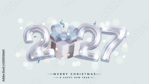 Happy New Year 2027, Realistic 3D rendering of the figures, complemented by silver gift box ribbons and Christmas decorations. This is the perfect celebratory sign for your 2027 celebrations.