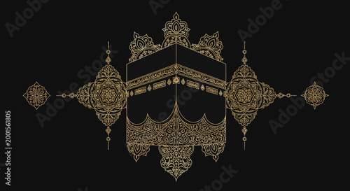 Golden Kaaba Islamic Pattern, Mecca Holy Site, Arabic Calligraphy Ornament