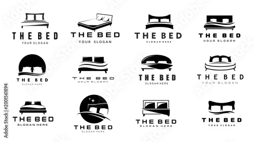 Bed icons, bedroom furniture with pillows, blankets and comfort mattresses vector silhouettes. Sleep, rest and relax, hotel and furniture store isolated symbols of modern double beds with headstands