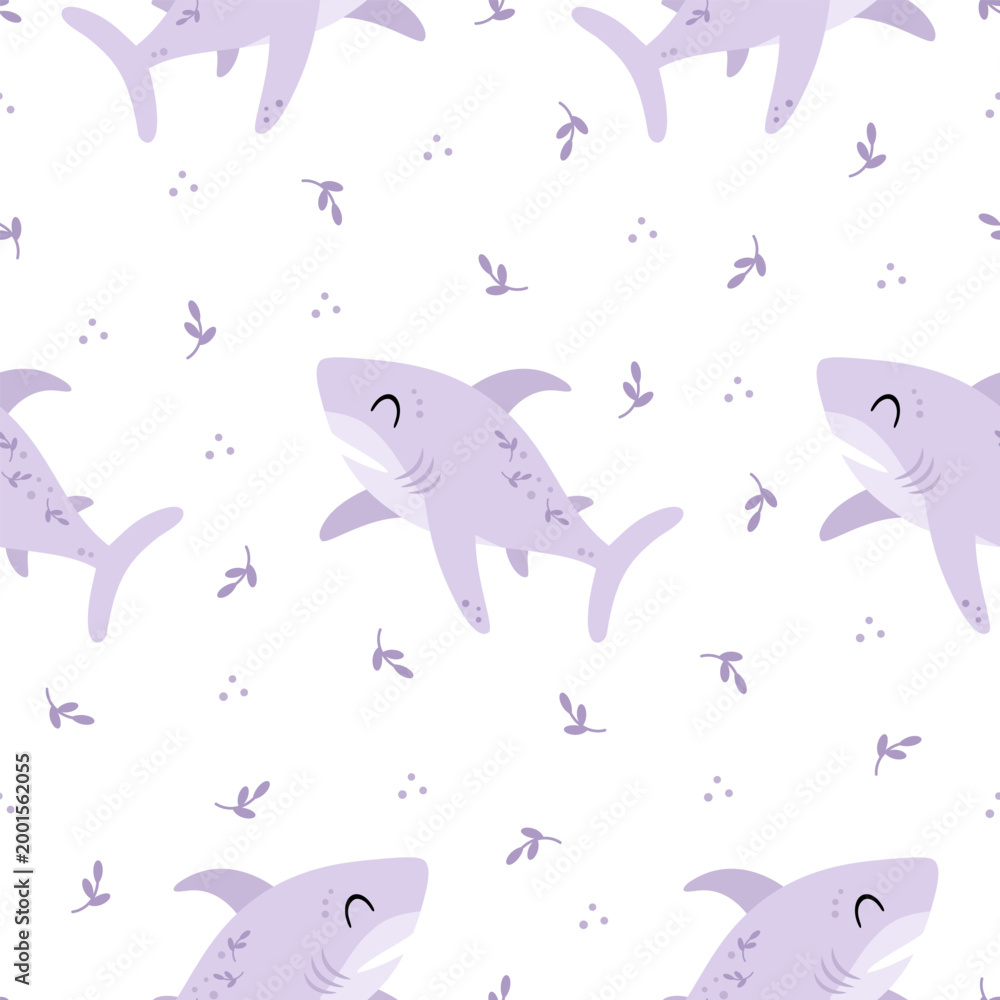 Fototapeta premium Cartoon shark seamless pattern. Cute ocean animal background. Kids sea backdrop. Nautical repeat print.