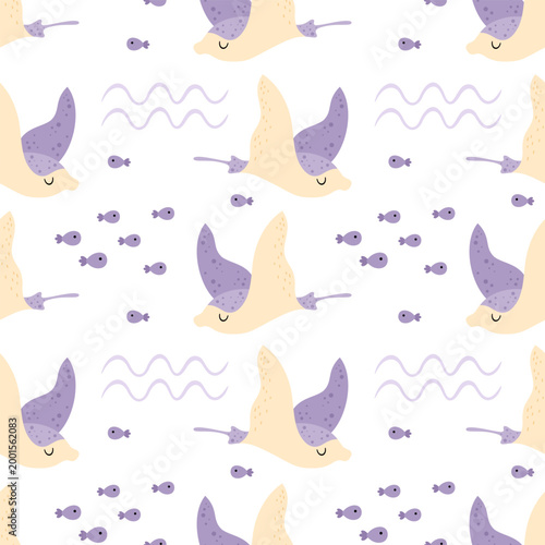 Cartoon ocean seamless pattern with fish and waves. Cute sea background. Children nautical repeat design. Under the sea vector illustration.