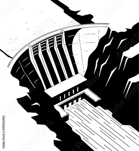 Black and white graphic illustration of a hydroelectric dam