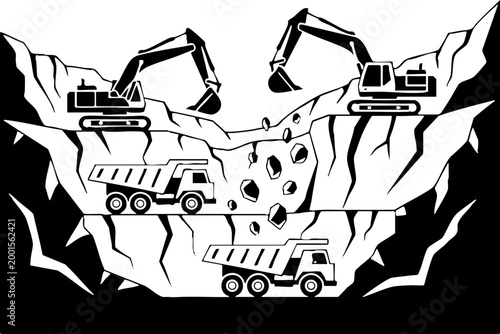 Excavators and dump trucks working in an open pit mine illustration