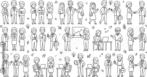 Diverse business people and office characters line art collection featuring professional men and women in various poses, handshakes, meetings, and workplace collaboration scenes.