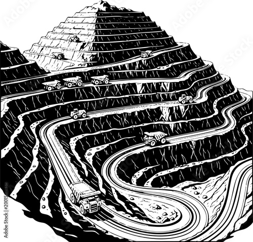 Vintage Illustration of Open Pit Mine with Haul Trucks