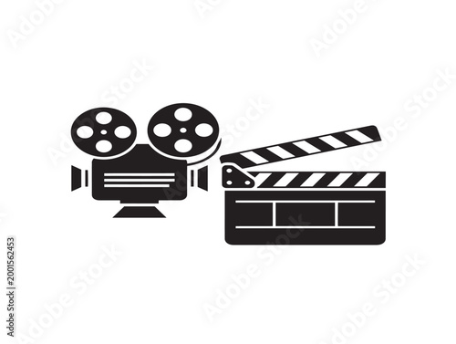 Vintage film camera with clapperboard flat design vector illustration