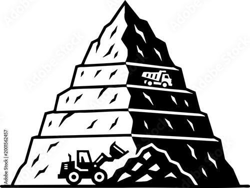 Open pit mine and heavy machinery vector icon