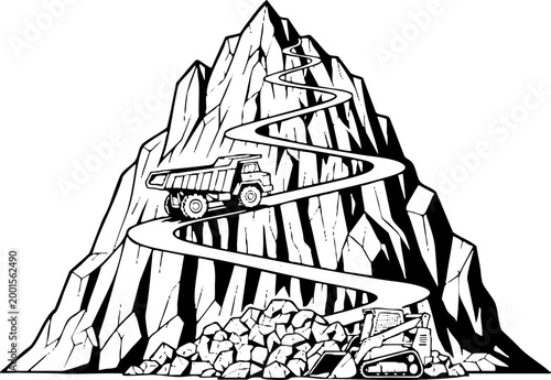 Heavy Duty Dump Truck Driving Up a Winding Mountain Road