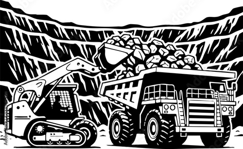 Mining excavator loading rocks into a haul truck illustration