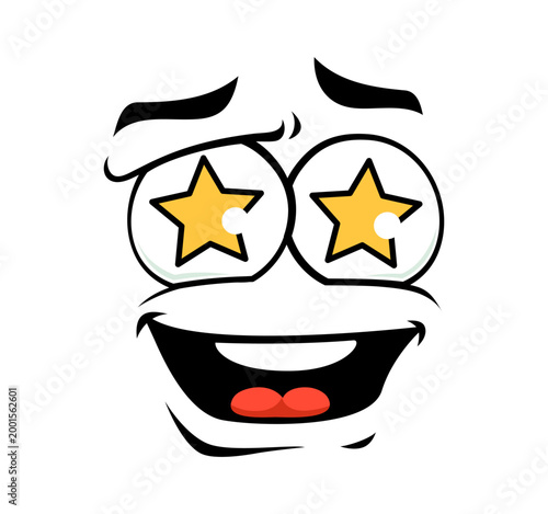 Cartoon face with star eyes and open smiling mouth, expressing admiration, excitement, amazement and enthusiasm. Vector funny wow emotion, emoji and expression face for emoticon communication reaction