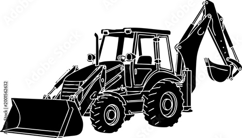 Black backhoe loader silhouette isolated on white background