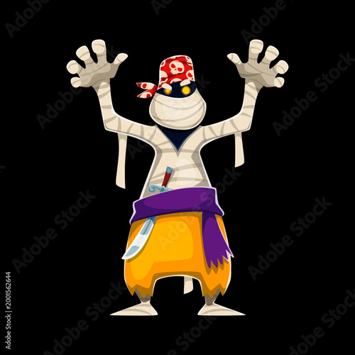 Cartoon corsair and pirate mummy character with bandaged body, glowing eyes, red skull bandana and raised hands. Vector spooky undead Halloween sailor personage exudes adventure horror holiday mood
