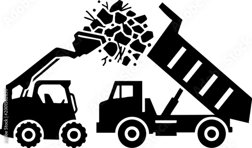 Skid steer loader and dump truck construction icon silhouette