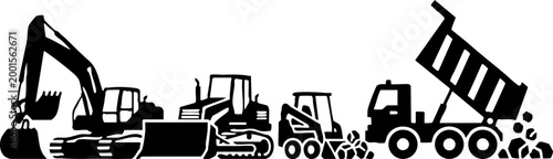 Heavy construction machinery silhouettes including excavator and truck