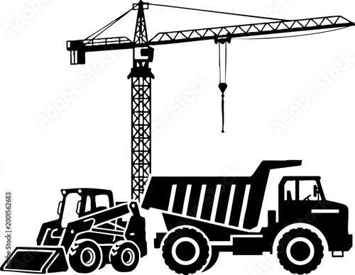Construction machinery silhouette icons of crane, truck and loader
