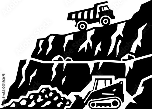 Heavy machinery at a quarry site vector icon illustration