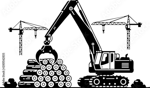 Logging Excavator and Timber Logs with Construction Cranes