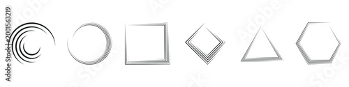 Hand drawn abstract geometric shapes collection featuring brush stroke lines and dynamic swirl designs