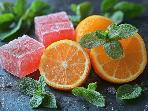 Vibrant image of sliced oranges, sugar coated candy, and fresh mint leaves. This stock photo is perfect for advertising fresh and delicious ingredients.