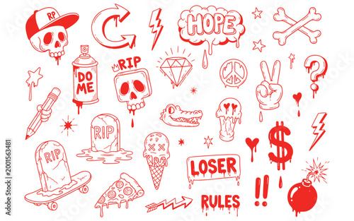 A collection of red temporary tattoo designs featuring various symbols and phrases