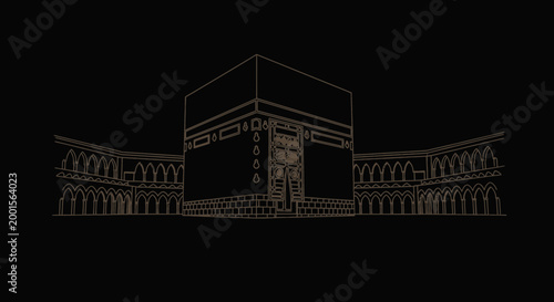 Kaaba, Mecca - Minimalist Line Art Illustration on Black Background