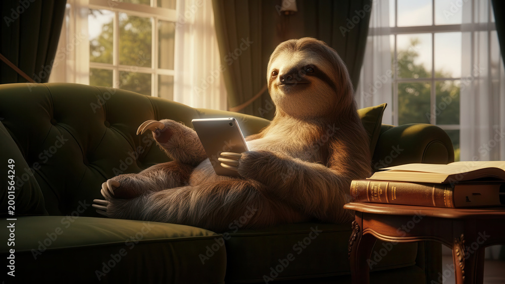 Fototapeta premium Relaxed sloth creature resting on a green sofa while using a tablet in a cozy living room. Concept of modern comfort and leisure